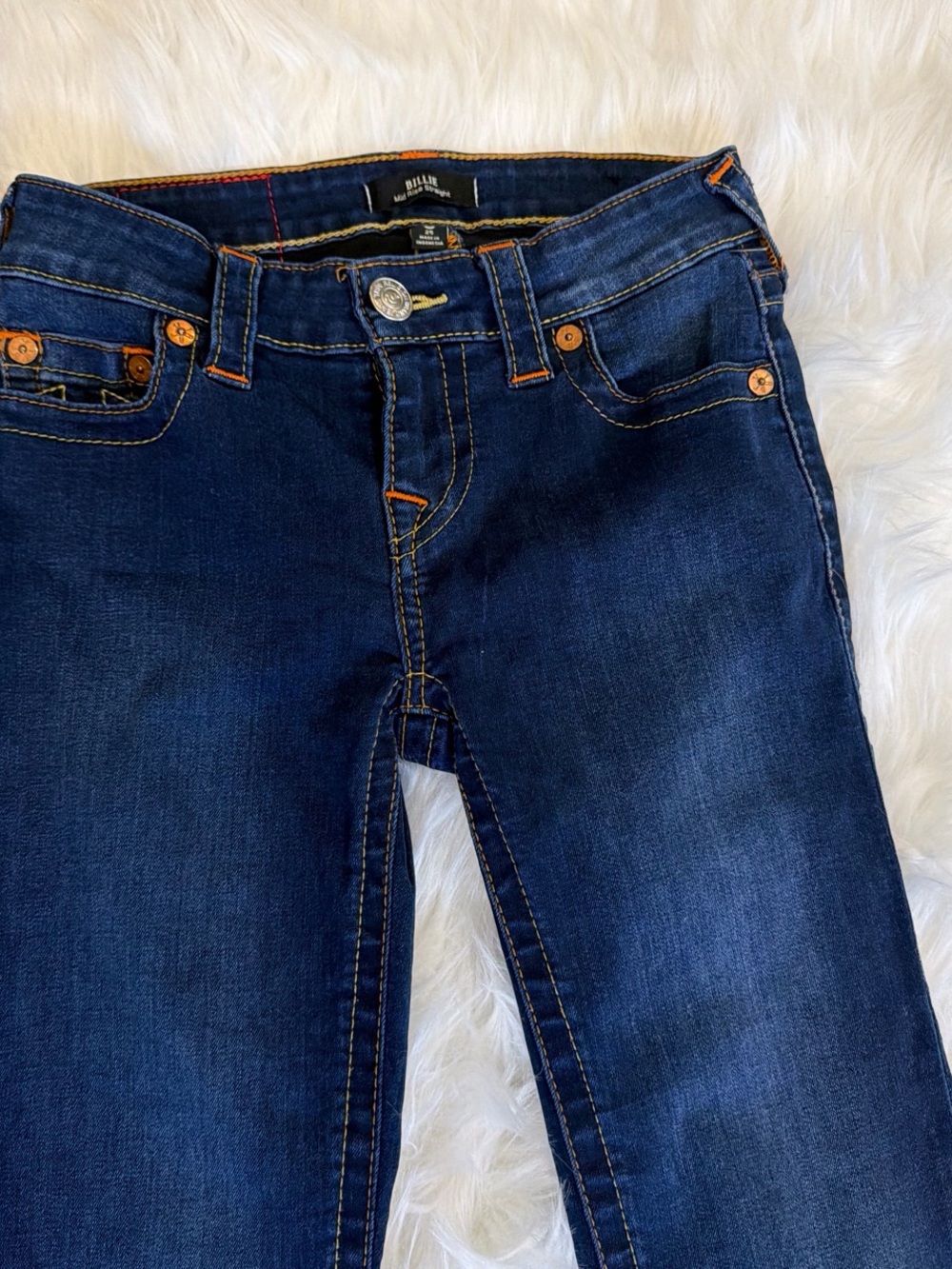 True Religion Dark Blue Skinny Jeans with Orange Contrast Stitching